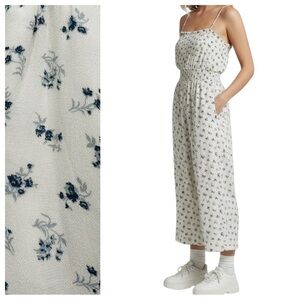 AE White Blue Floral Smocked Wide Leg Crop Jumpsuit Size S Tall NWOT Boho